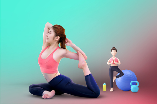 Metaverse_Woman doing yoga and yoga 3d avatar graphic composite image