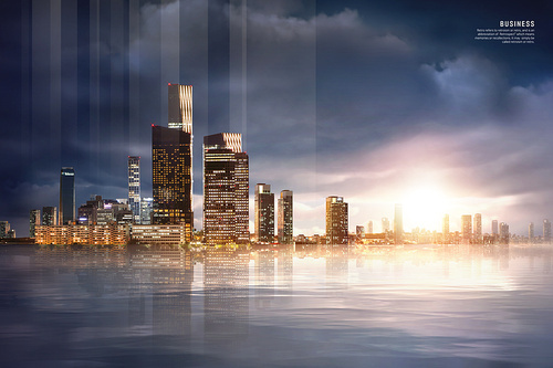 Business building_evening sunset port city high-rise building graphic composite image