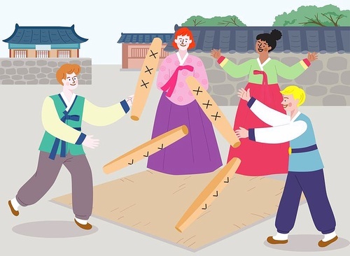 K-Culture Experience_ Vector illustration of foreign tourists wearing hanbok and playing yut