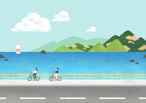 Scenery_Illustration of friends riding bicycles on the coastal bike path