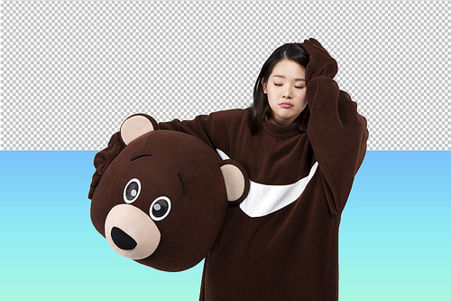 A woman wearing a teddy bear costume PNG