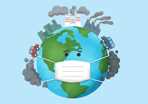 Earth Day_ Illustration of the Earth suffering from automobile and factory fumes