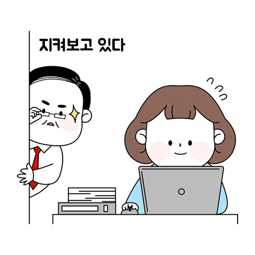 Work life_ boss monitoring from behind vector emoticon illustration