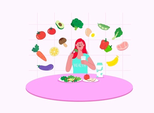 Healthy Pleasure Vector Illustration with a woman enjoying a healthy diet with a balanced diet