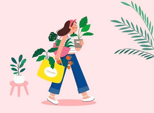 Butler shopping for potted plants vector illustration