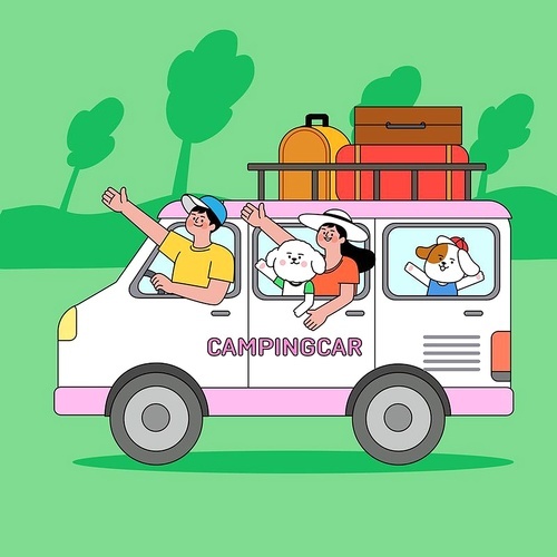 A vector illustration of riding a camper with a dog