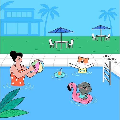 Vector illustration of playing in swimming pool with dog