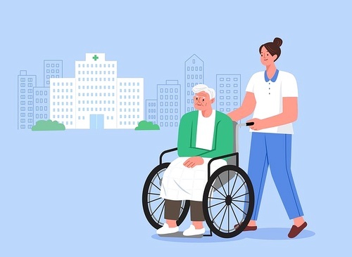 Nursing worker helping old man in wheelchair in front of hospital vector illustration