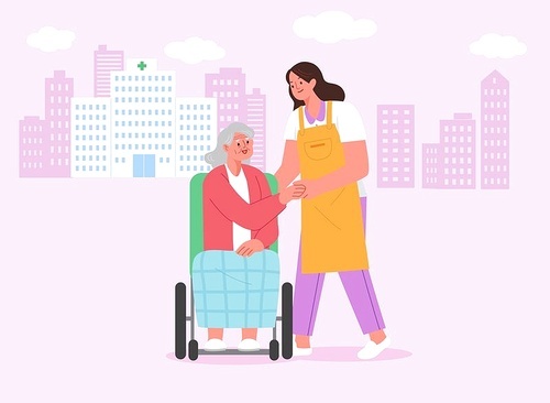 Vector illustration of a care service helping an elderly man in a wheelchair in front of a hospital