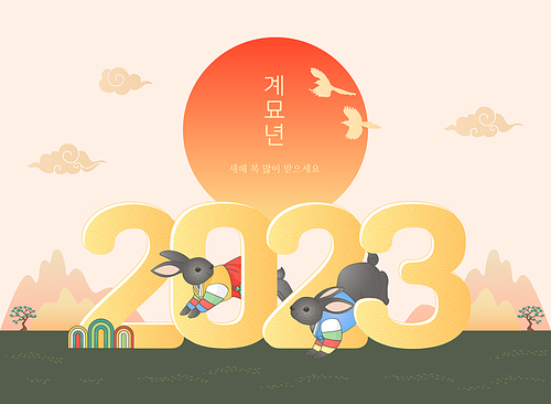 Year end background _ 2023 numbers and rabbit vector illustration