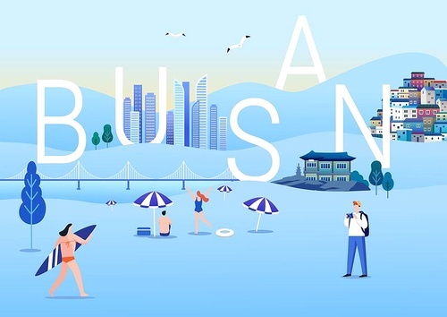 Vector with people enjoying travel in Busan landmarks and scenery