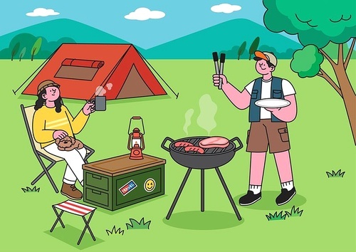 Couple vector enjoying camping while grilling meat at the campsite