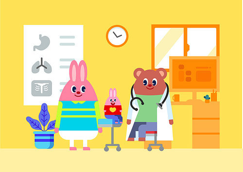 Kids Medical Vector_Baby rabbit character getting pediatric checkup