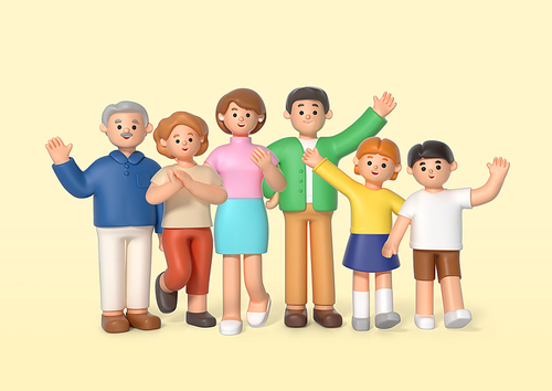 Family characters_Families who raise their hands to greet 3d graphic image