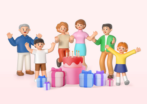 Family character_3D graphic image of happy family with gifts and cake