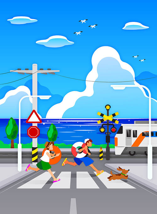 Summer landscape_crosswalk children running vector illustration