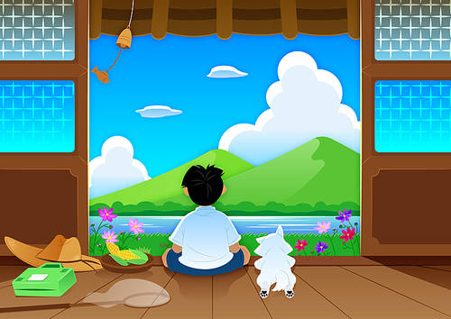 Summer landscape_dog and boy vector illustration in secluded countryside