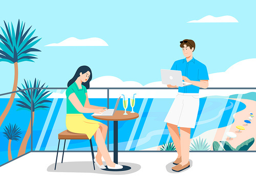 Woraction vector with people working on a terrace with drinks