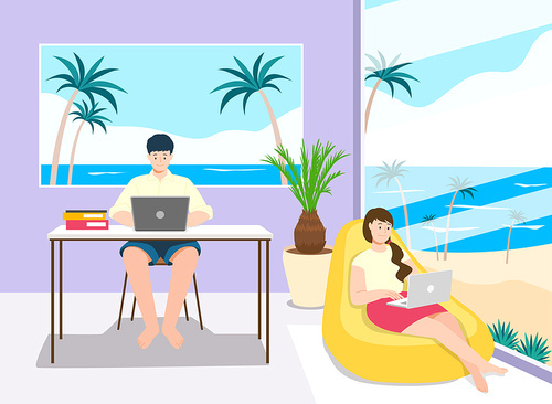 Work vector with people working comfortably indoors with a beach scene