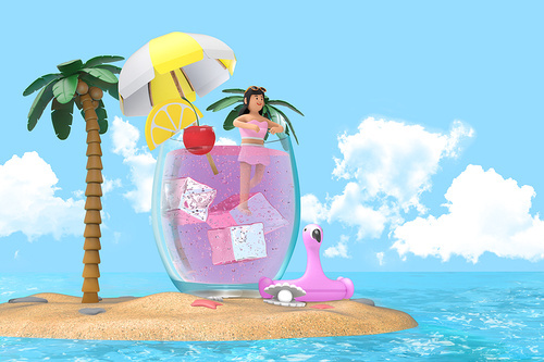 3D graphics of a woman swimming in a glass filled with ice on a deserted island