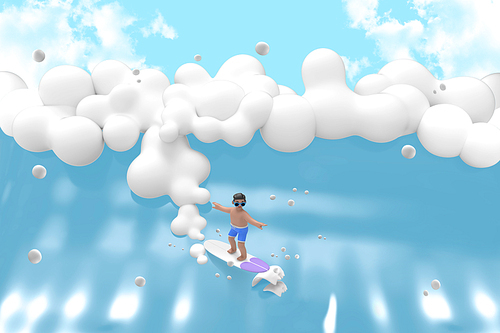 3D graphics of a man surfing on large waves