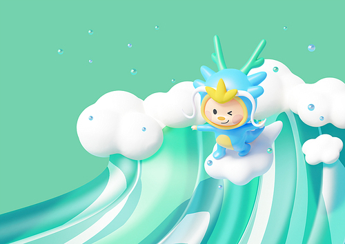 3D blue dragon character surfing the waves