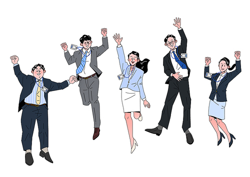 A group of young business people wearing suits and jumping