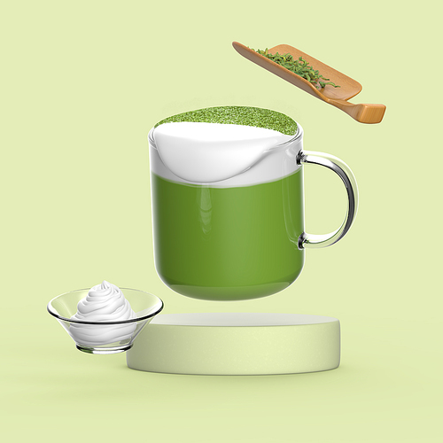 3D image of warm matcha tea spener with matcha leaves and whipped cream