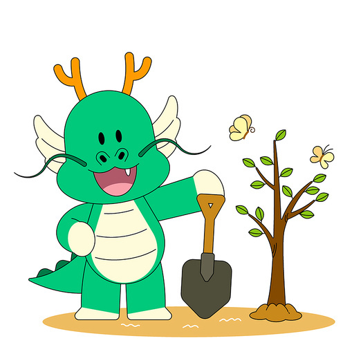 Blue dragon character_planting a tree vector emoticon illustration