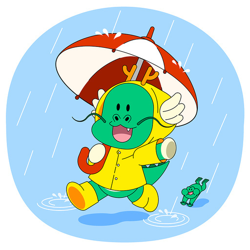 Blue dragon character_Vector emoticon illustration wearing an umbrella and raincoat on a rainy day