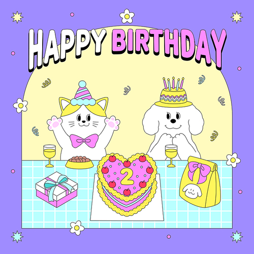 Event Cake _ Cat and dog's birthday table vector illustration