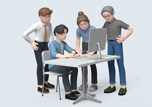 Business characters_3d graphic image of people sitting at a desk and discussing while looking at a computer