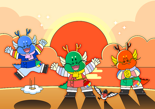 Three dragons having fun wearing hanbok with the sun in the background