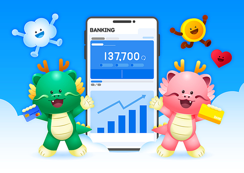 Two cute little dogs holding a bankbook and smiling brightly