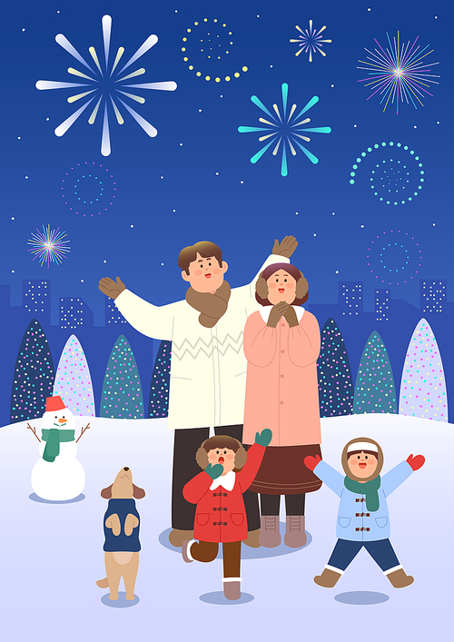 Winter family_fireworks vector illustration