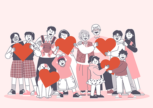 Illustration of students, families, seniors, young people, pets, and children standing smiling and holding hearts