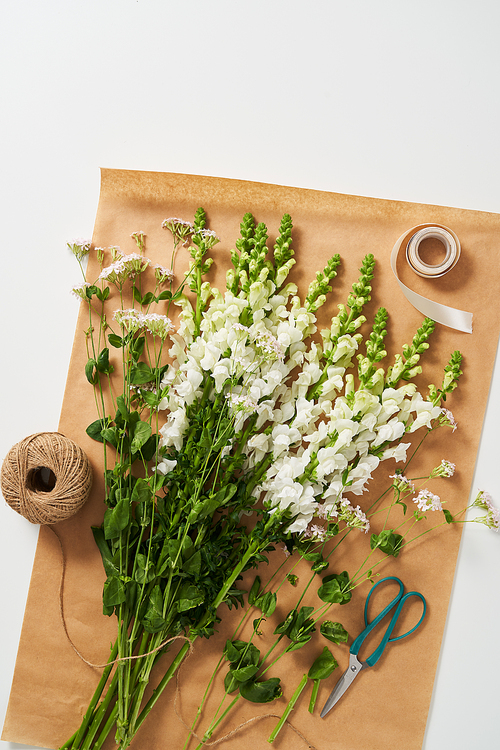 Fresh white flowers spread out in paper wrapping paper