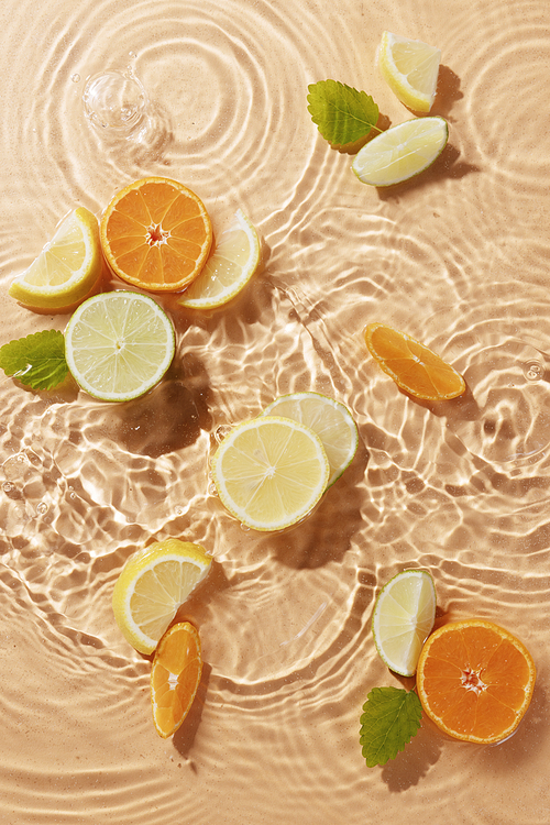 Cross section of citrus fruit floating on water