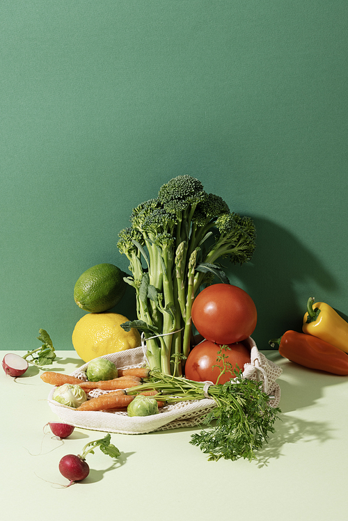 Various vegetables and fruits of green background