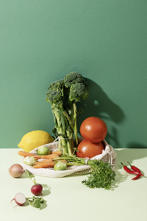 Various vegetables and fruits of green background