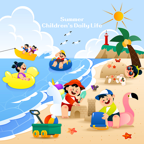 Children playing in the sand and water at a resort near the sea