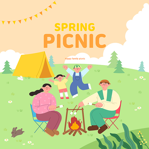 Illustration of a family having a spring picnic, camping and a campfire