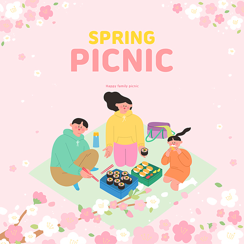 Illustration of a family eating a lunch box while having a spring picnic on a mat on a day when cherry blossoms are blooming