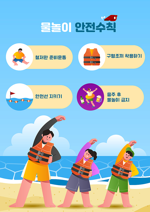 A scene of people wearing life jackets and warming up on the beach and safety rules for water play