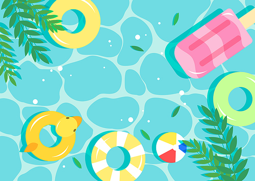 Summer pool water play swimming pool background illustration with pool and tube beach ball viewed from above