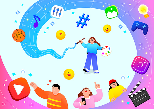 Media content creator illustration of a woman drawing a picture with various art-related icons and emoticons around her
