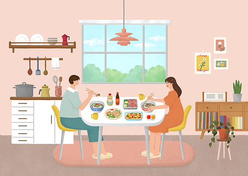 A scene where a couple eats together at home