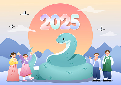 Snake character, Korean traditional scenery and people wearing hanbok