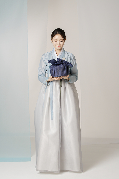 Portrait of a beautiful woman standing holding a holiday gift wearing an elegant and elegant hanbok