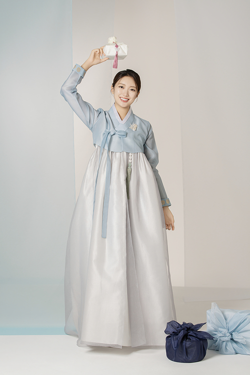 Portrait of a beautiful woman standing holding a holiday gift wearing an elegant and elegant hanbok